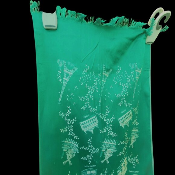 Distressed Antique Green Scarf Paris Souvenir With Landmarks & Moth Holes 47" - Picture 3 of 11